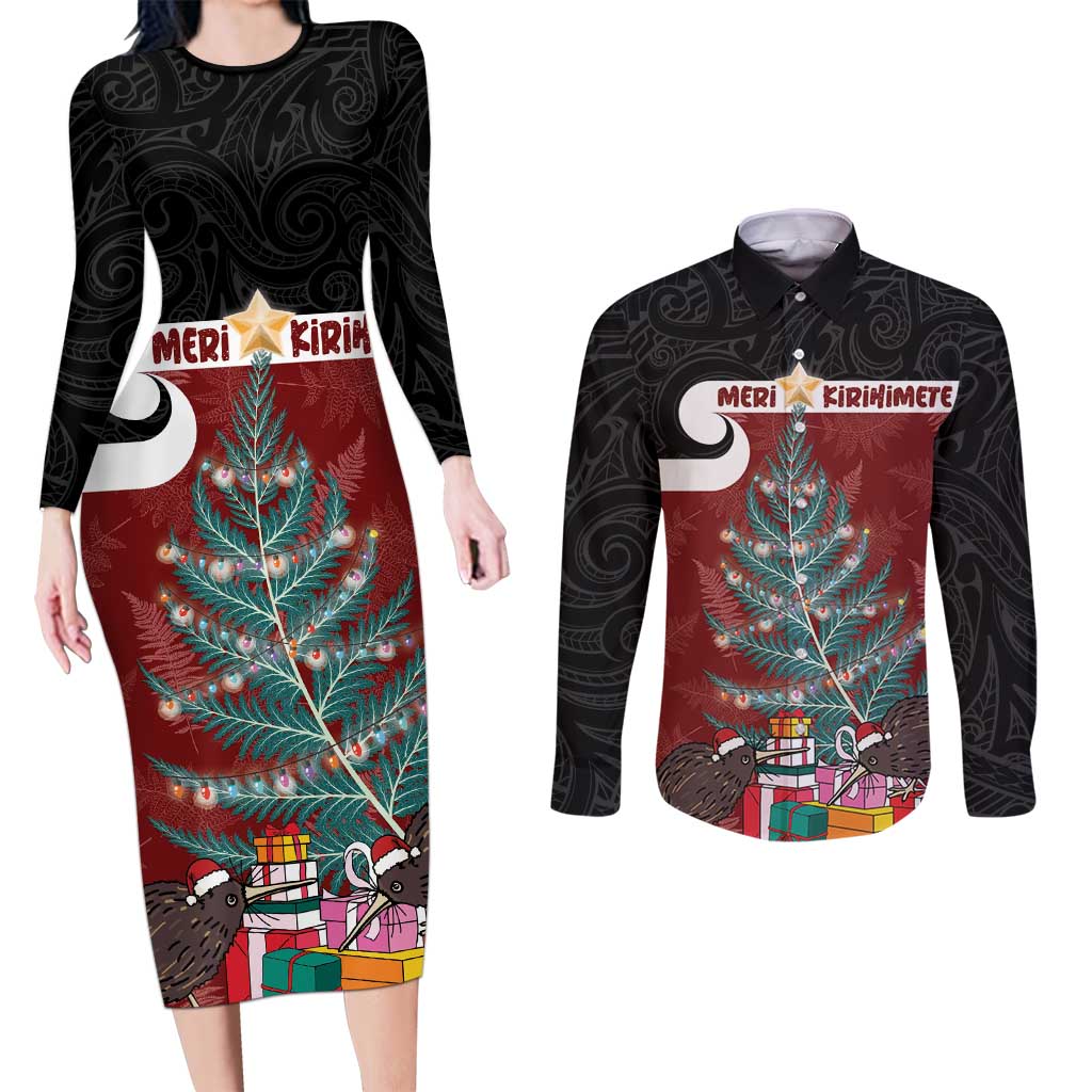Personalised New Zealand Maori Christmas Couples Matching Long Sleeve Bodycon Dress and Long Sleeve Button Shirt Xmas Fern Mix Kowhawhai LT7 Black - Polynesian Pride