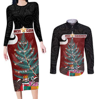 Personalised New Zealand Maori Christmas Couples Matching Long Sleeve Bodycon Dress and Long Sleeve Button Shirt Xmas Fern Mix Kowhawhai LT7 Black - Polynesian Pride