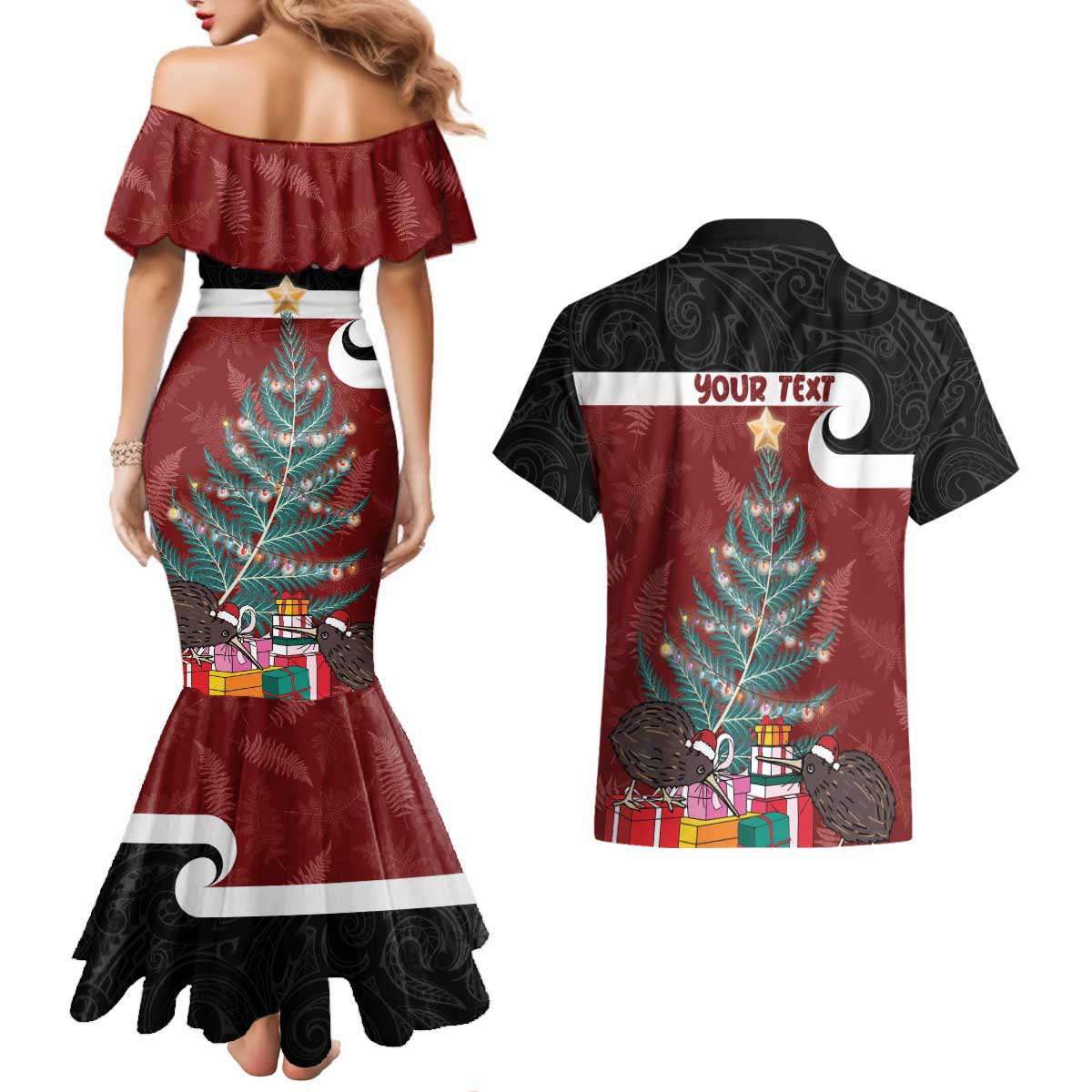 Personalised New Zealand Maori Christmas Couples Matching Mermaid Dress and Hawaiian Shirt Xmas Fern Mix Kowhawhai LT7 - Polynesian Pride