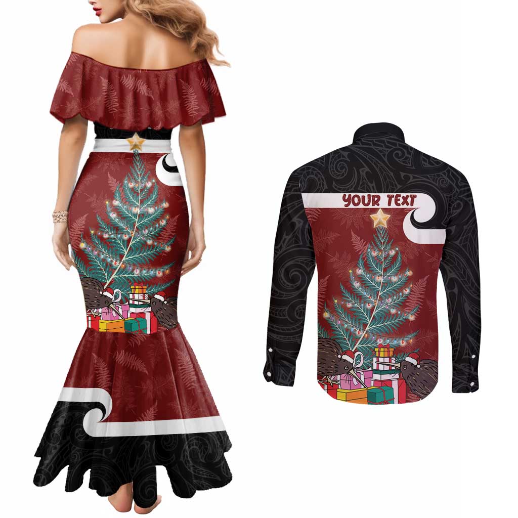 Personalised New Zealand Maori Christmas Couples Matching Mermaid Dress and Long Sleeve Button Shirt Xmas Fern Mix Kowhawhai LT7 - Polynesian Pride
