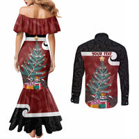 Personalised New Zealand Maori Christmas Couples Matching Mermaid Dress and Long Sleeve Button Shirt Xmas Fern Mix Kowhawhai LT7 - Polynesian Pride