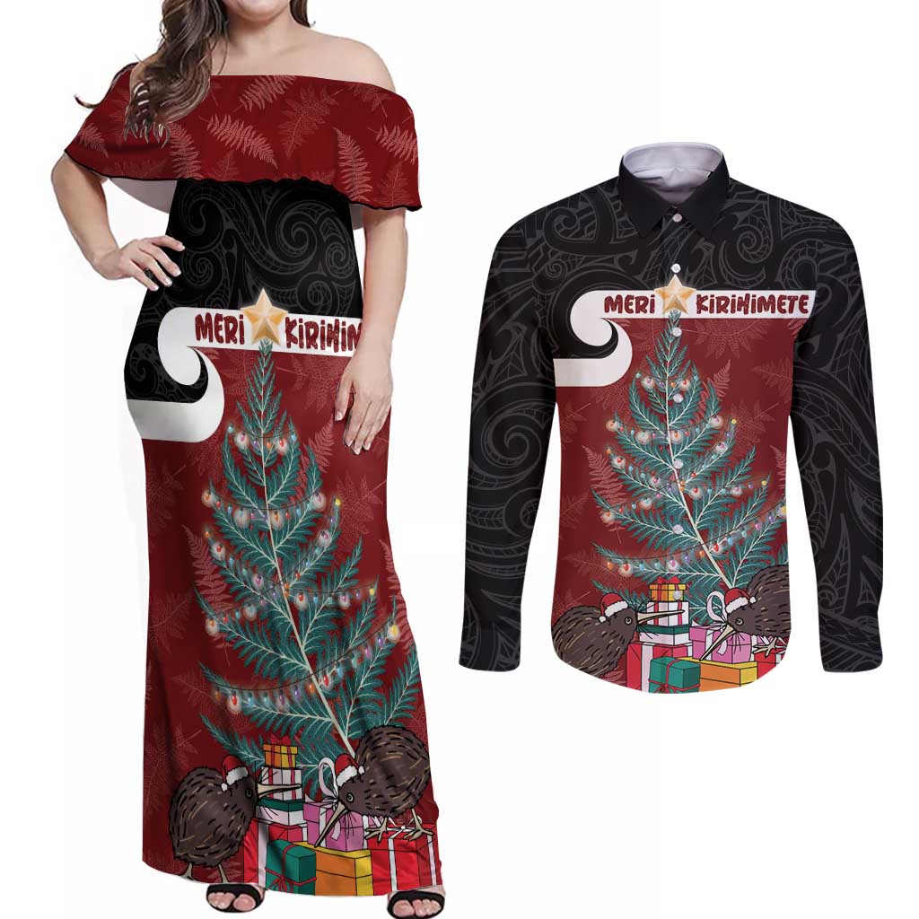 Personalised New Zealand Maori Christmas Couples Matching Off Shoulder Maxi Dress and Long Sleeve Button Shirt Xmas Fern Mix Kowhawhai LT7 Black - Polynesian Pride