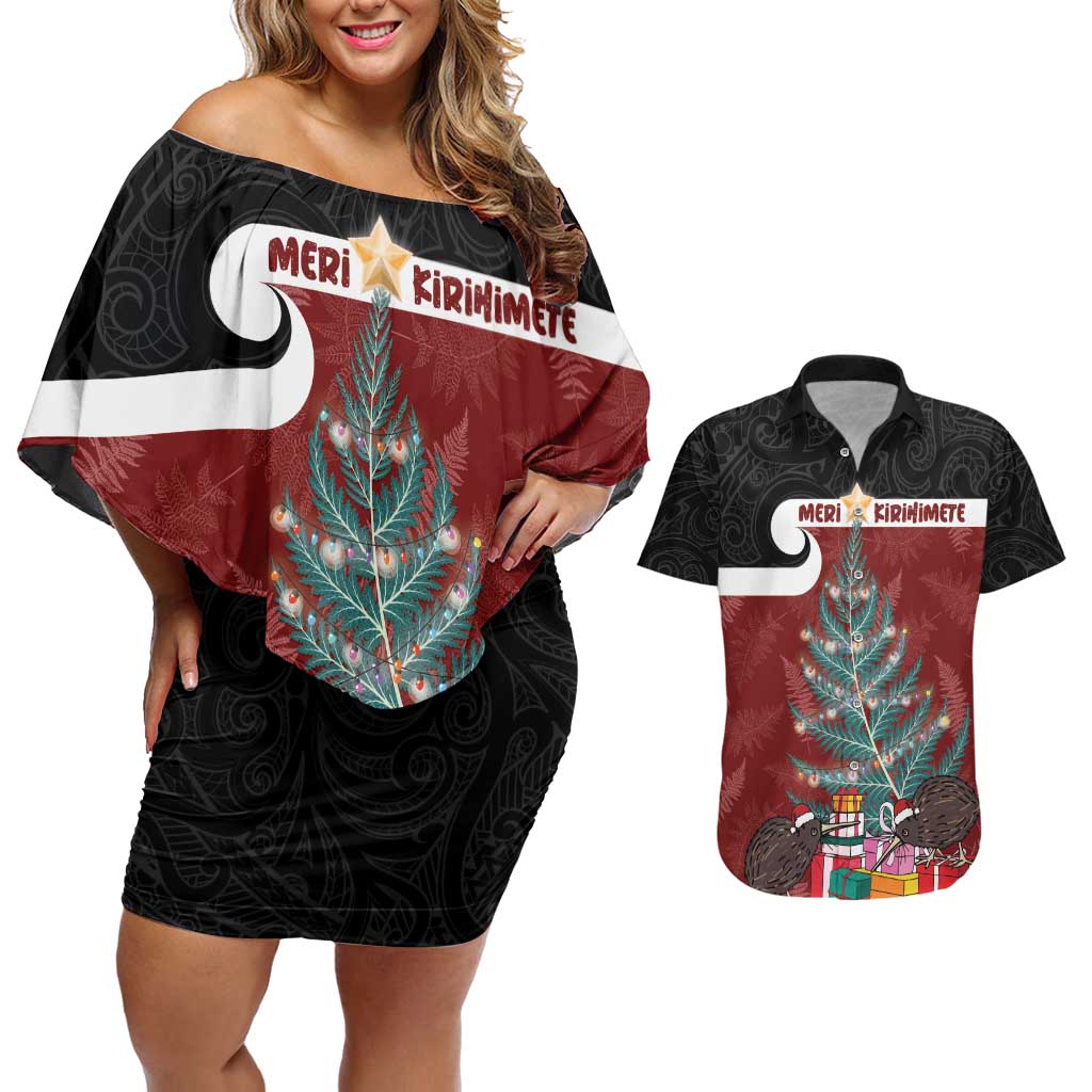 Personalised New Zealand Maori Christmas Couples Matching Off Shoulder Short Dress and Hawaiian Shirt Xmas Fern Mix Kowhawhai LT7 Black - Polynesian Pride