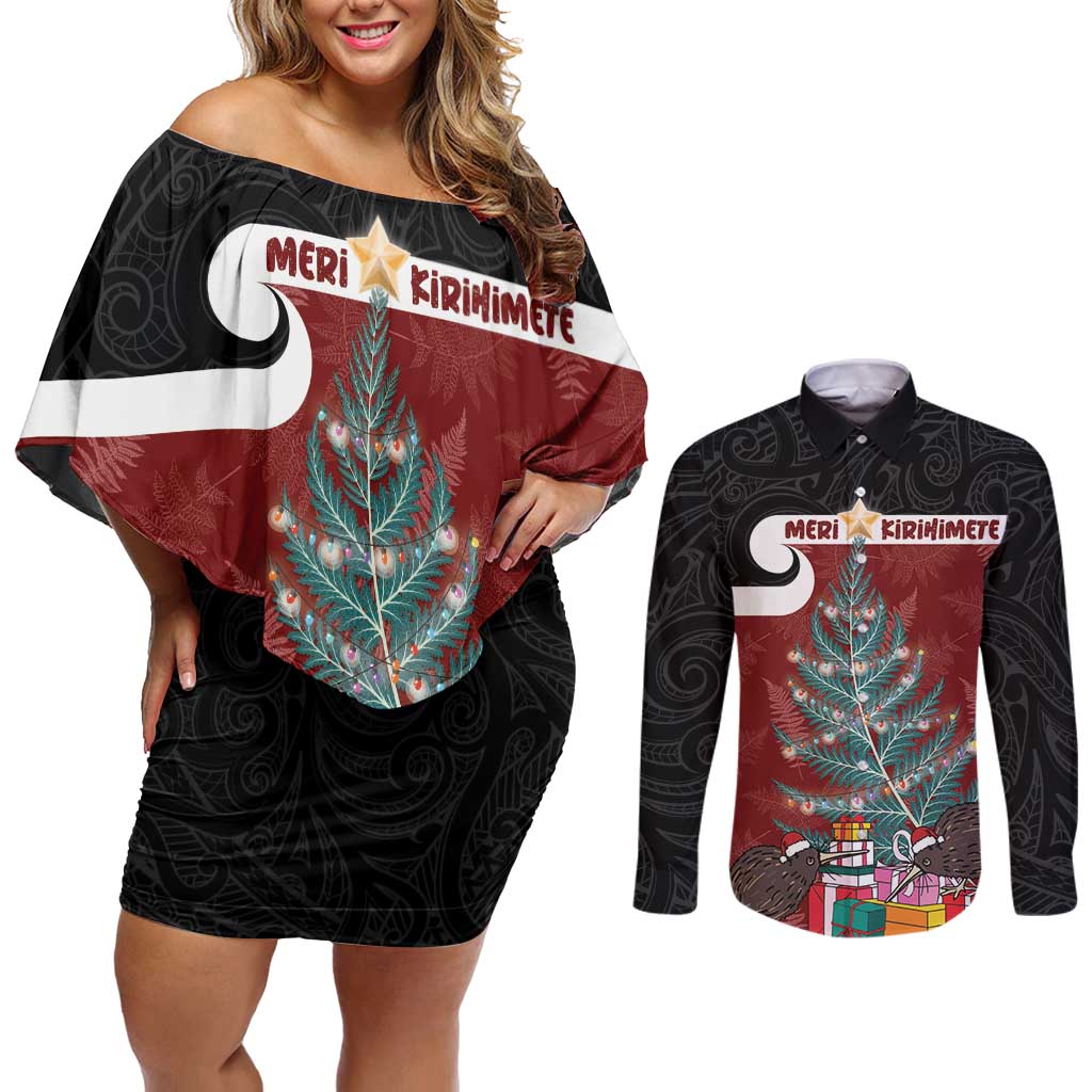 Personalised New Zealand Maori Christmas Couples Matching Off Shoulder Short Dress and Long Sleeve Button Shirt Xmas Fern Mix Kowhawhai LT7 Black - Polynesian Pride