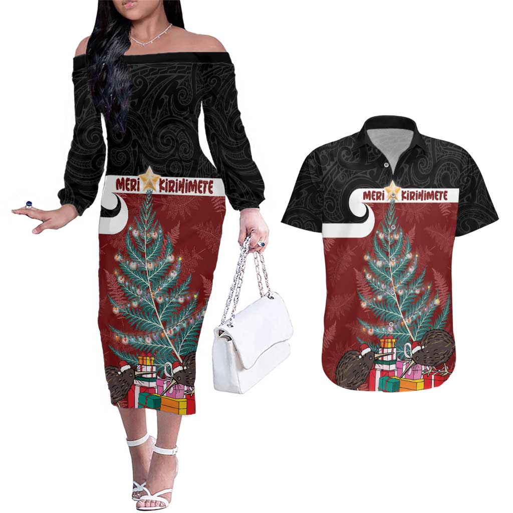 Personalised New Zealand Maori Christmas Couples Matching Off The Shoulder Long Sleeve Dress and Hawaiian Shirt Xmas Fern Mix Kowhawhai LT7 Black - Polynesian Pride