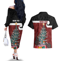 Personalised New Zealand Maori Christmas Couples Matching Off The Shoulder Long Sleeve Dress and Hawaiian Shirt Xmas Fern Mix Kowhawhai LT7 - Polynesian Pride