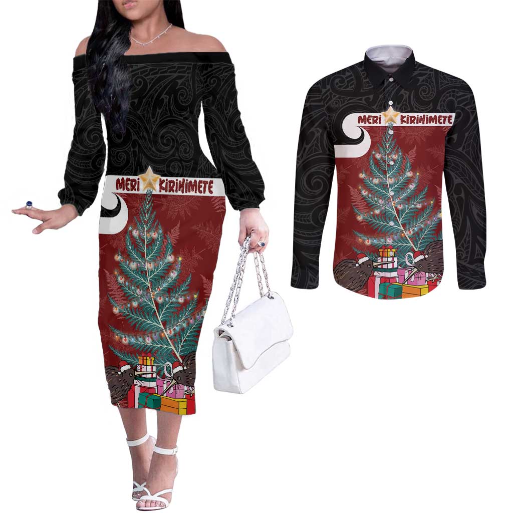 Personalised New Zealand Maori Christmas Couples Matching Off The Shoulder Long Sleeve Dress and Long Sleeve Button Shirt Xmas Fern Mix Kowhawhai LT7 Black - Polynesian Pride