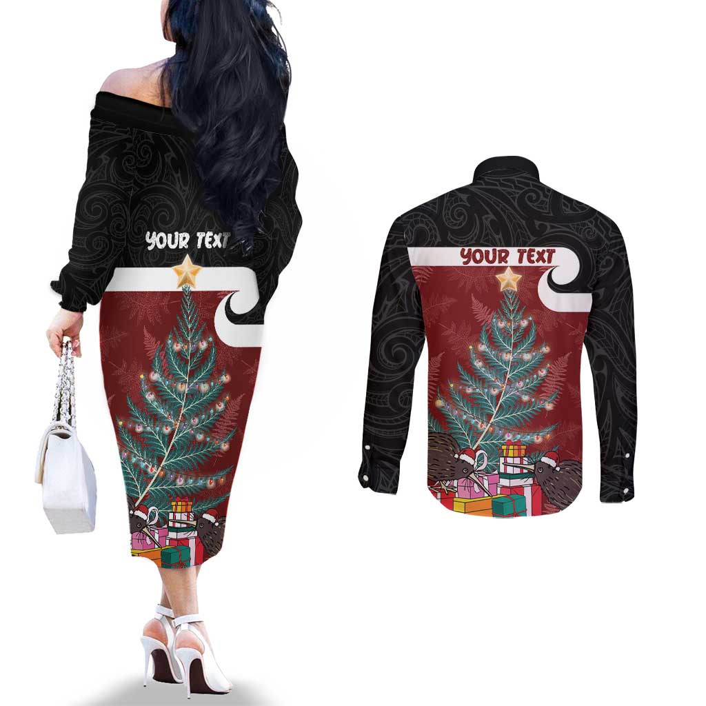 Personalised New Zealand Maori Christmas Couples Matching Off The Shoulder Long Sleeve Dress and Long Sleeve Button Shirt Xmas Fern Mix Kowhawhai LT7 - Polynesian Pride