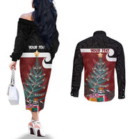 Personalised New Zealand Maori Christmas Couples Matching Off The Shoulder Long Sleeve Dress and Long Sleeve Button Shirt Xmas Fern Mix Kowhawhai LT7 - Polynesian Pride