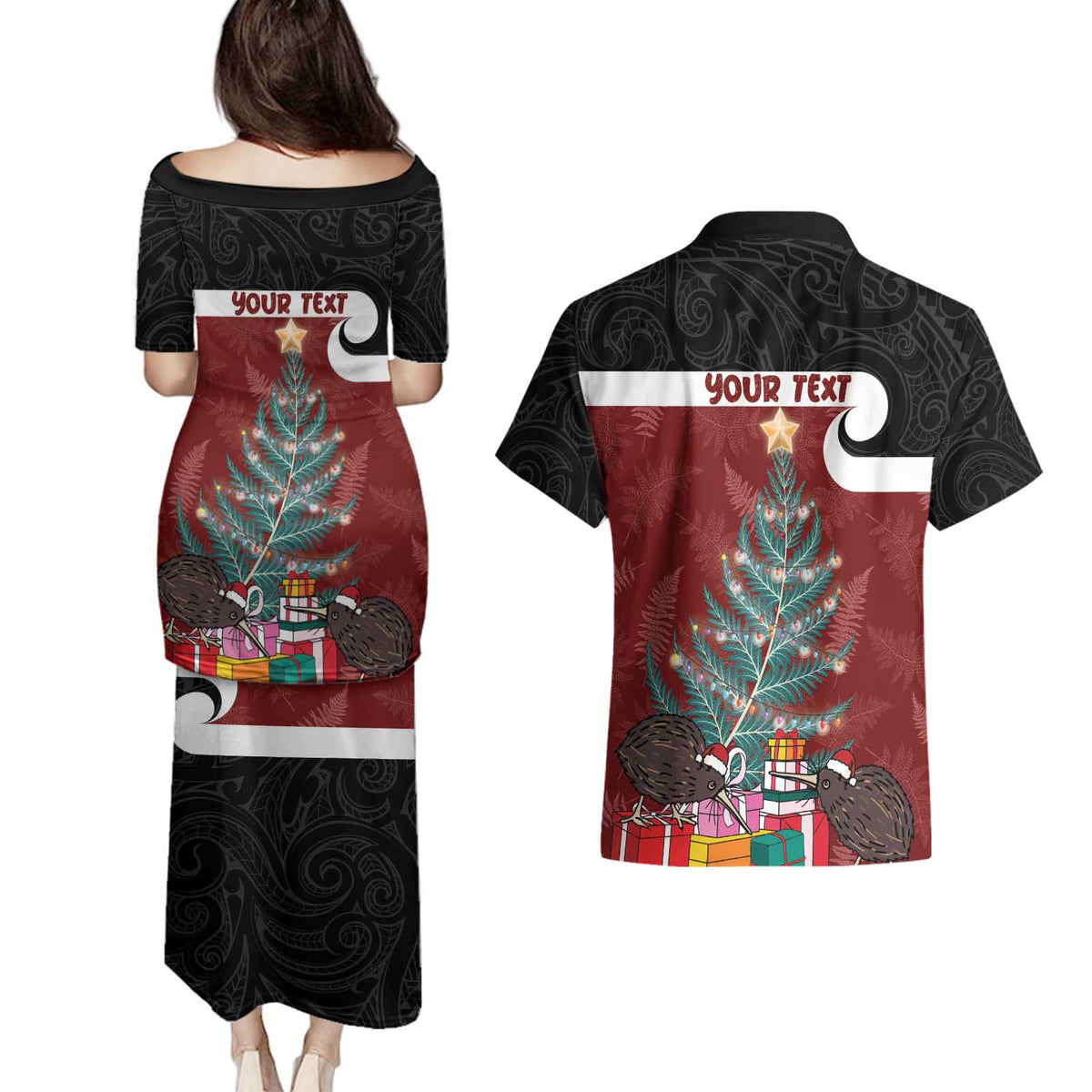 Personalised New Zealand Maori Christmas Couples Matching Puletasi and Hawaiian Shirt Xmas Fern Mix Kowhawhai LT7 - Polynesian Pride