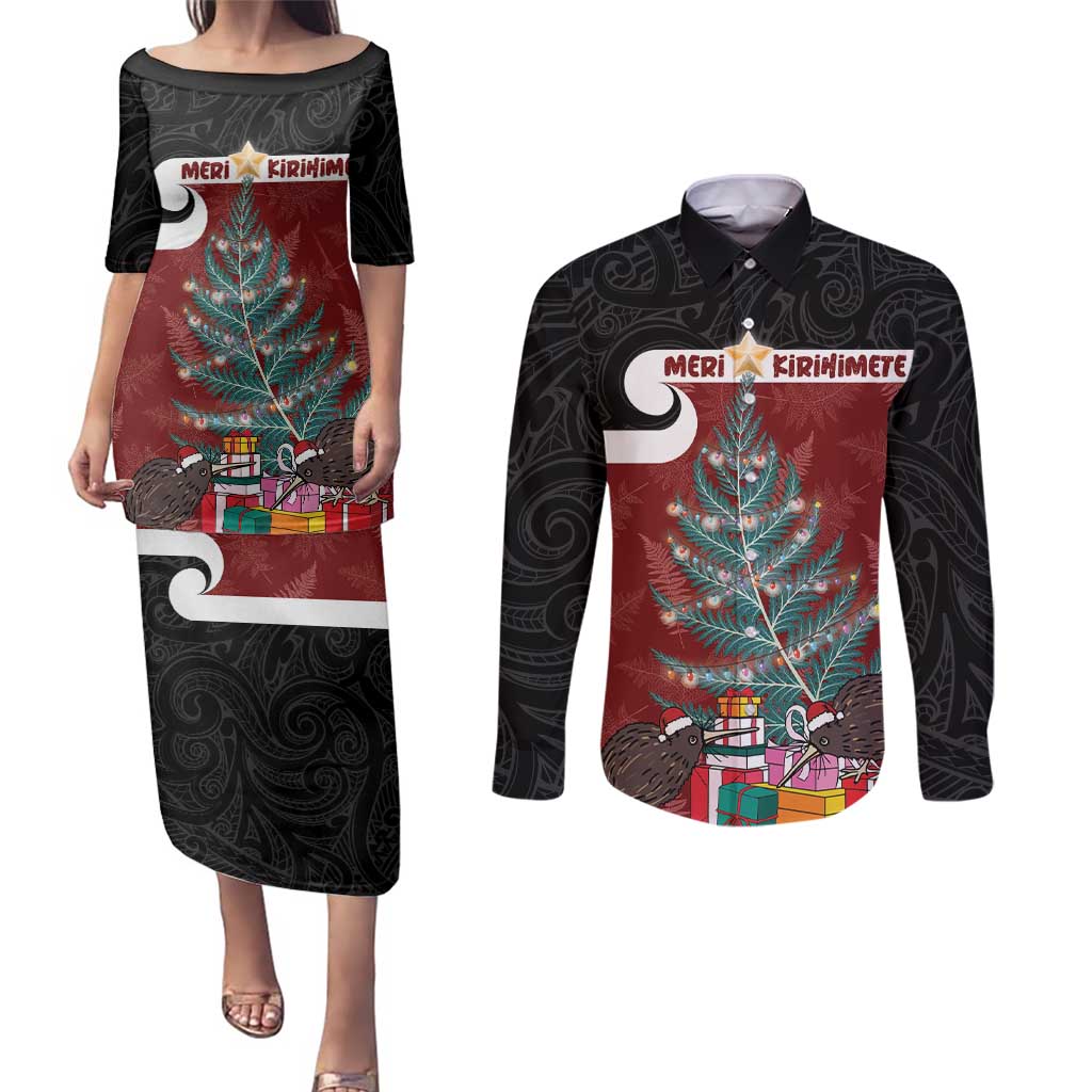 Personalised New Zealand Maori Christmas Couples Matching Puletasi and Long Sleeve Button Shirt Xmas Fern Mix Kowhawhai LT7 Black - Polynesian Pride