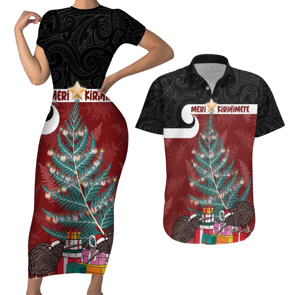 Personalised New Zealand Maori Christmas Couples Matching Short Sleeve Bodycon Dress and Hawaiian Shirt Xmas Fern Mix Kowhawhai LT7 Black - Polynesian Pride