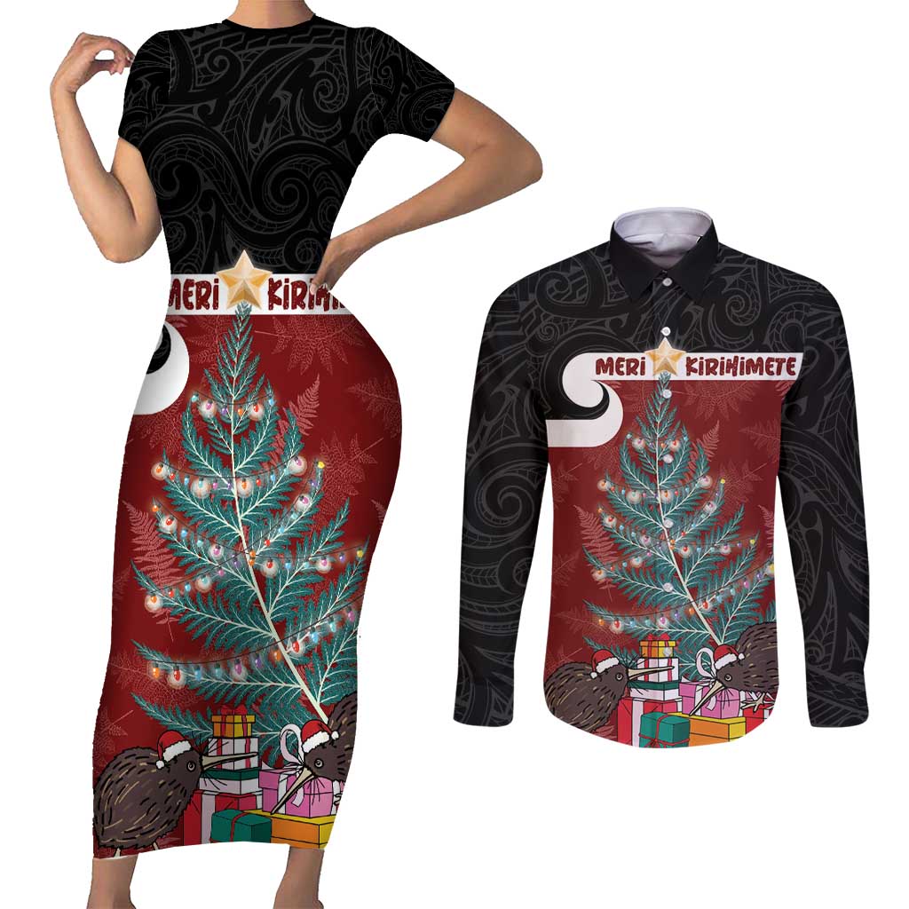 Personalised New Zealand Maori Christmas Couples Matching Short Sleeve Bodycon Dress and Long Sleeve Button Shirt Xmas Fern Mix Kowhawhai LT7 Black - Polynesian Pride