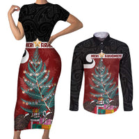 Personalised New Zealand Maori Christmas Couples Matching Short Sleeve Bodycon Dress and Long Sleeve Button Shirt Xmas Fern Mix Kowhawhai LT7 Black - Polynesian Pride