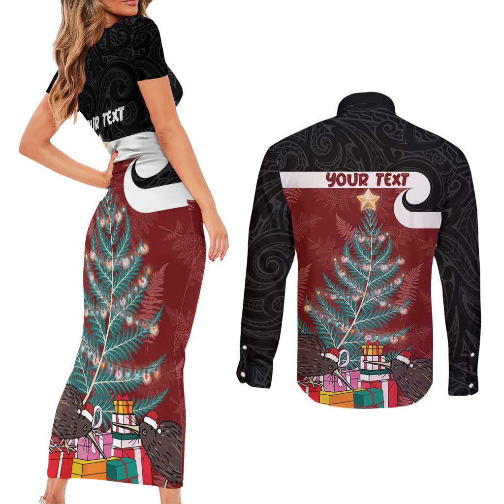Personalised New Zealand Maori Christmas Couples Matching Short Sleeve Bodycon Dress and Long Sleeve Button Shirt Xmas Fern Mix Kowhawhai LT7 - Polynesian Pride
