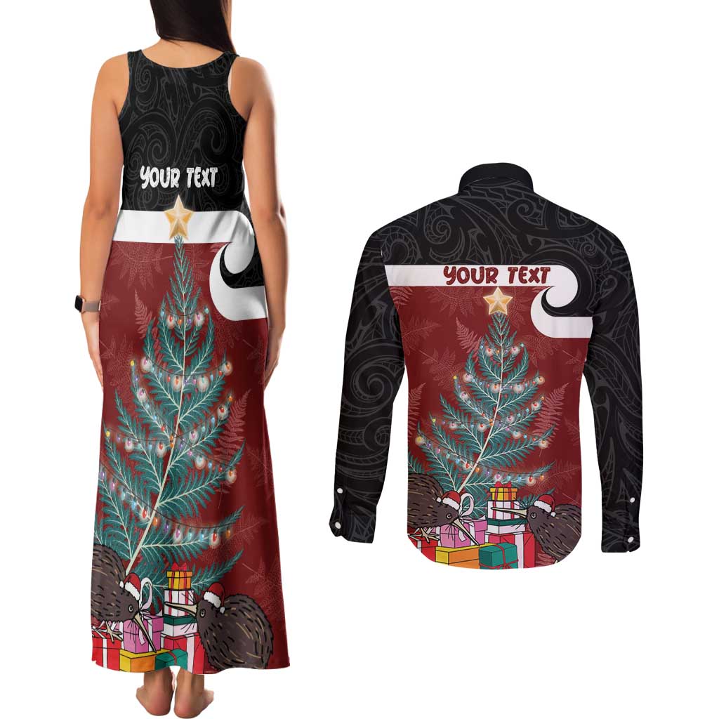 Personalised New Zealand Maori Christmas Couples Matching Tank Maxi Dress and Long Sleeve Button Shirt Xmas Fern Mix Kowhawhai LT7 - Polynesian Pride
