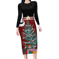 Personalised New Zealand Maori Christmas Family Matching Long Sleeve Bodycon Dress and Hawaiian Shirt Xmas Fern Mix Kowhawhai LT7 Mom's Dress Black - Polynesian Pride