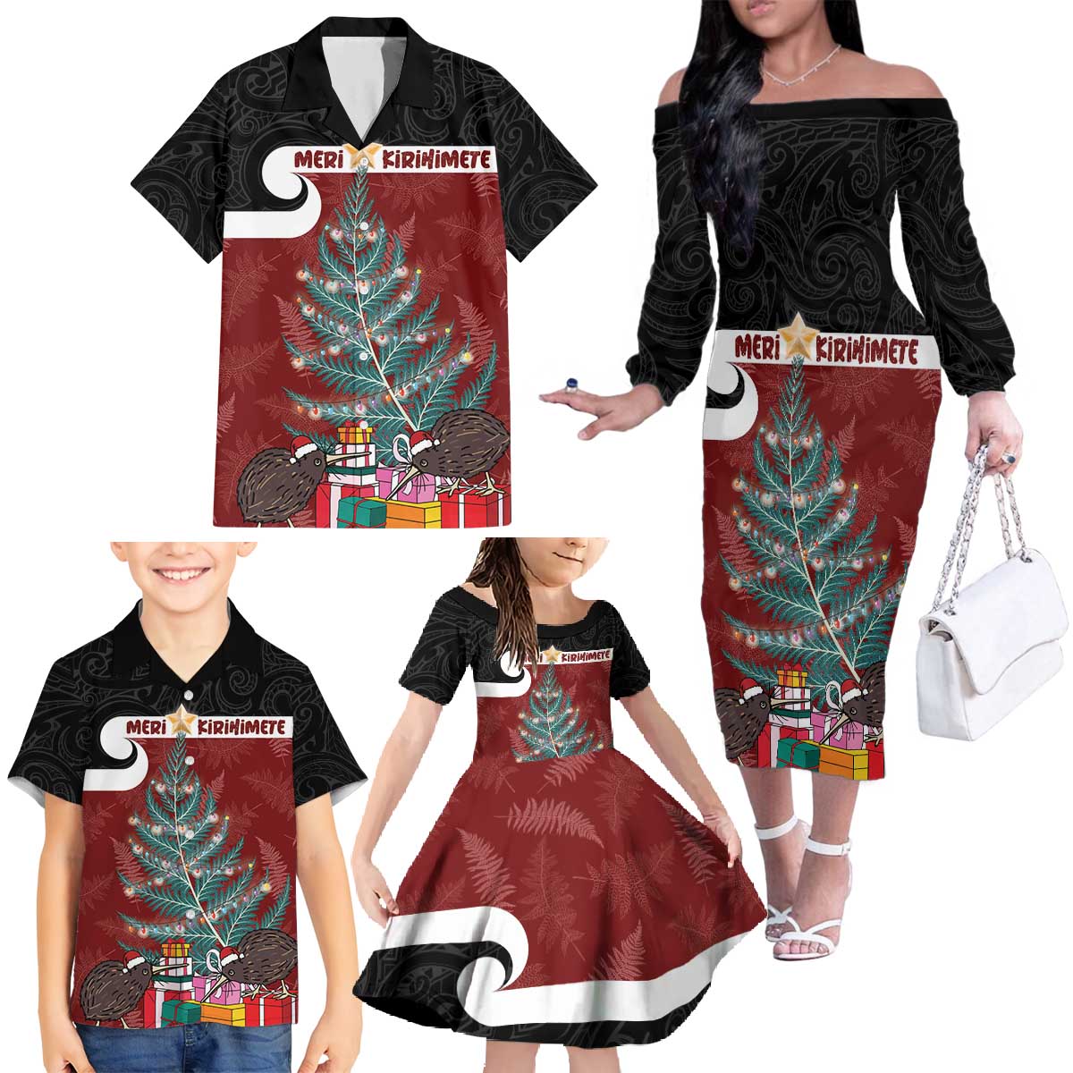 Personalised New Zealand Maori Christmas Family Matching Off The Shoulder Long Sleeve Dress and Hawaiian Shirt Xmas Fern Mix Kowhawhai LT7 - Polynesian Pride