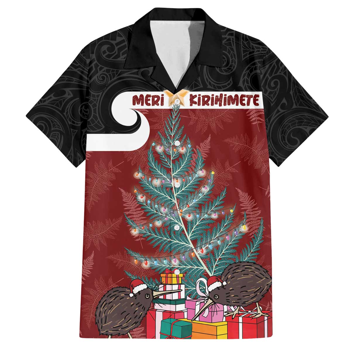 Personalised New Zealand Maori Christmas Family Matching Off The Shoulder Long Sleeve Dress and Hawaiian Shirt Xmas Fern Mix Kowhawhai LT7 Dad's Shirt - Short Sleeve Black - Polynesian Pride