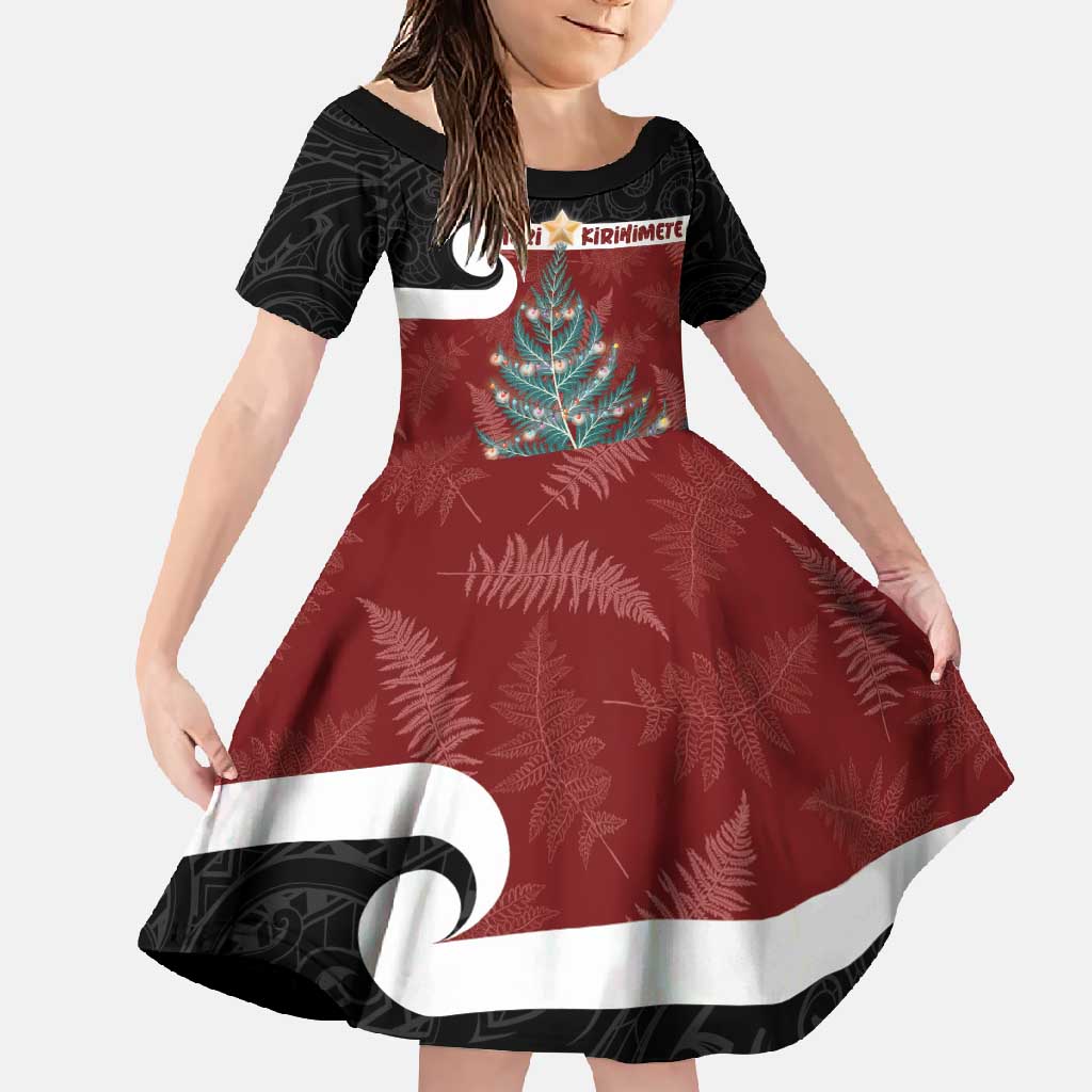 Personalised New Zealand Maori Christmas Family Matching Off Shoulder Maxi Dress and Hawaiian Shirt Xmas Fern Mix Kowhawhai LT7 Daughter's Dress Black - Polynesian Pride