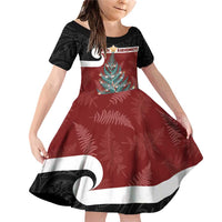Personalised New Zealand Maori Christmas Family Matching Off Shoulder Short Dress and Hawaiian Shirt Xmas Fern Mix Kowhawhai LT7 Daughter's Dress Black - Polynesian Pride