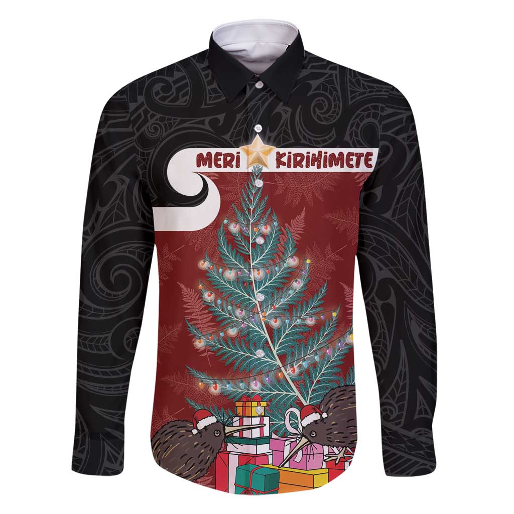 Personalised New Zealand Maori Christmas Family Matching Off Shoulder Short Dress and Hawaiian Shirt Xmas Fern Mix Kowhawhai LT7 Dad's Shirt - Long Sleeve Black - Polynesian Pride