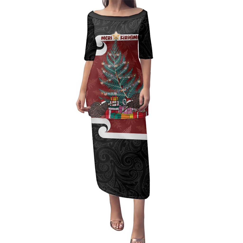 Personalised New Zealand Maori Christmas Family Matching Puletasi and Hawaiian Shirt Xmas Fern Mix Kowhawhai LT7 Mom's Dress Black - Polynesian Pride