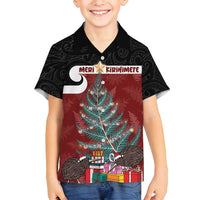 Personalised New Zealand Maori Christmas Family Matching Summer Maxi Dress and Hawaiian Shirt Xmas Fern Mix Kowhawhai LT7 Son's Shirt Black - Polynesian Pride