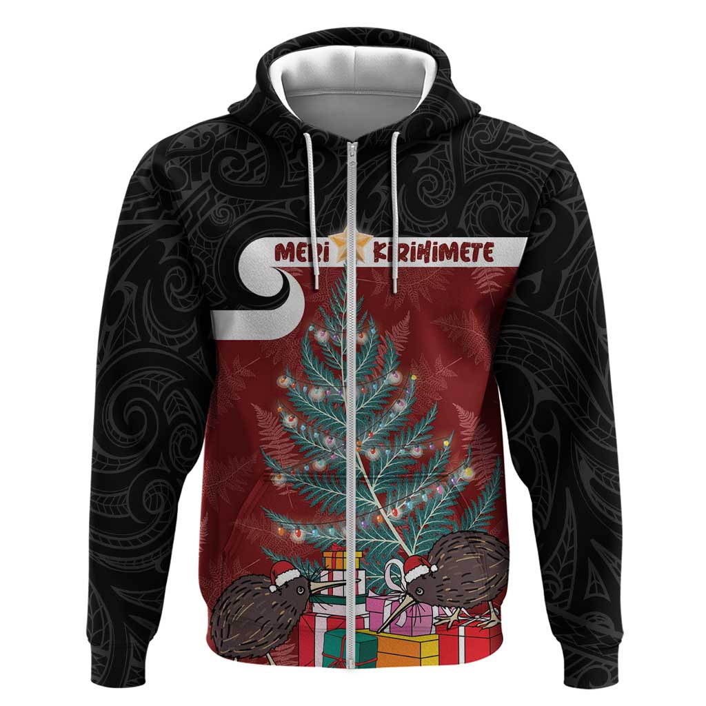 Personalised New Zealand Maori Christmas Hoodie Xmas Fern Mix Kowhawhai LT7 Zip Hoodie Black - Polynesian Pride