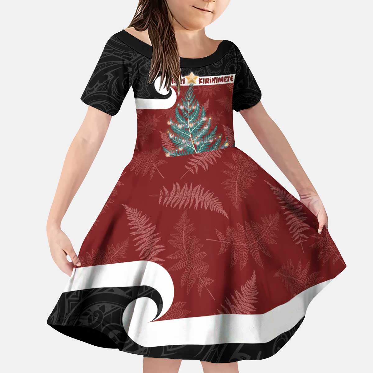 Personalised New Zealand Maori Christmas Kid Short Sleeve Dress Xmas Fern Mix Kowhawhai LT7 KID Black - Polynesian Pride