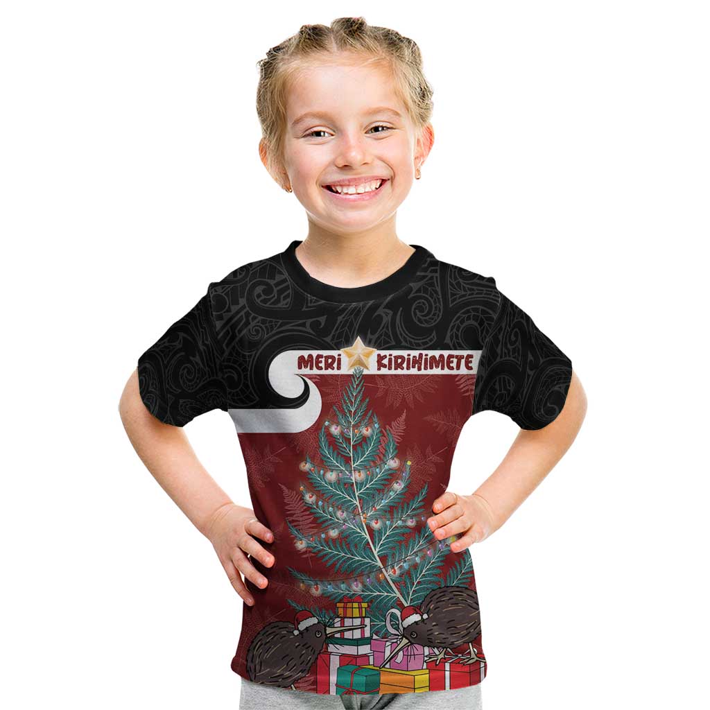 Personalised New Zealand Maori Christmas Kid T Shirt Xmas Fern Mix Kowhawhai LT7 Black - Polynesian Pride