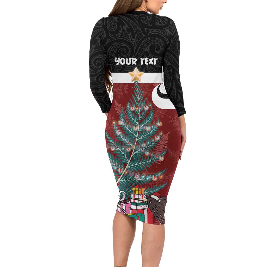 Personalised New Zealand Maori Christmas Long Sleeve Bodycon Dress Xmas Fern Mix Kowhawhai LT7 - Polynesian Pride