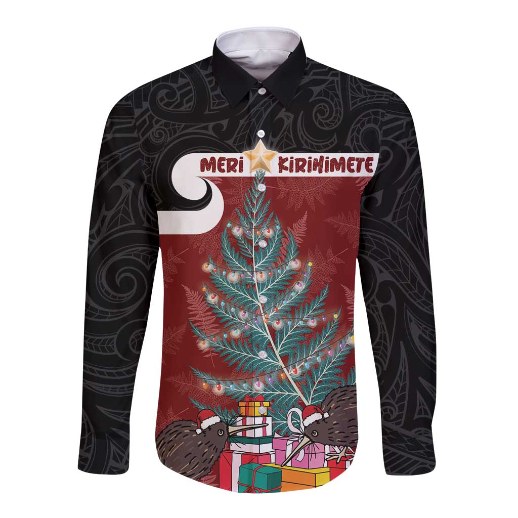 Personalised New Zealand Maori Christmas Long Sleeve Button Shirt Xmas Fern Mix Kowhawhai LT7 Unisex Black - Polynesian Pride