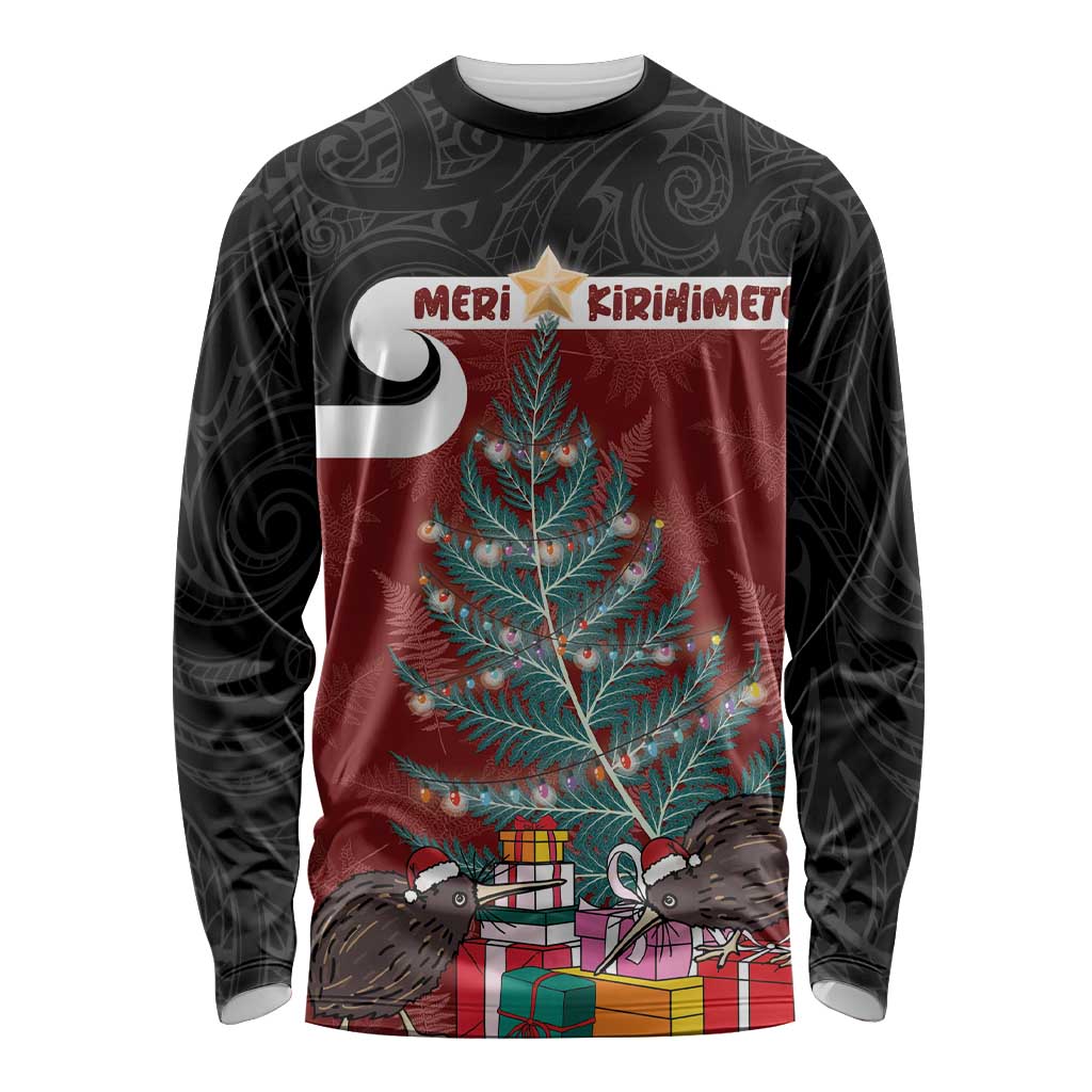 Personalised New Zealand Maori Christmas Long Sleeve Shirt Xmas Fern Mix Kowhawhai LT7 Unisex Black - Polynesian Pride