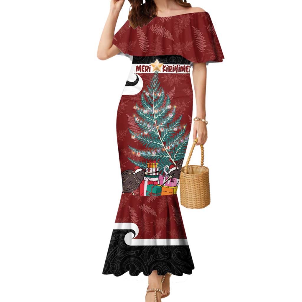 Personalised New Zealand Maori Christmas Mermaid Dress Xmas Fern Mix Kowhawhai LT7 Women Black - Polynesian Pride