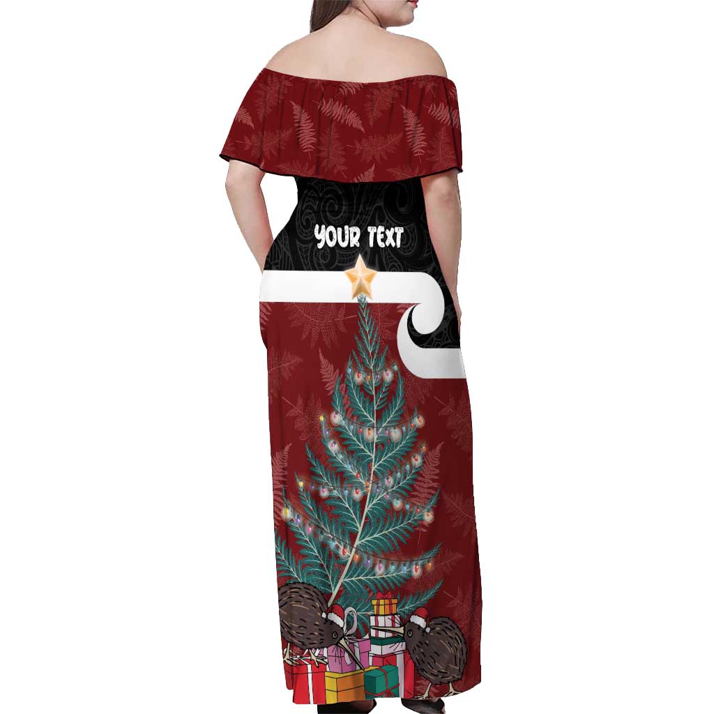 Personalised New Zealand Maori Christmas Off Shoulder Maxi Dress Xmas Fern Mix Kowhawhai LT7 - Polynesian Pride