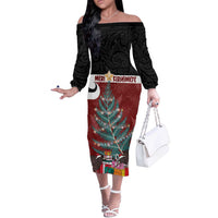Personalised New Zealand Maori Christmas Off The Shoulder Long Sleeve Dress Xmas Fern Mix Kowhawhai LT7 Women Black - Polynesian Pride