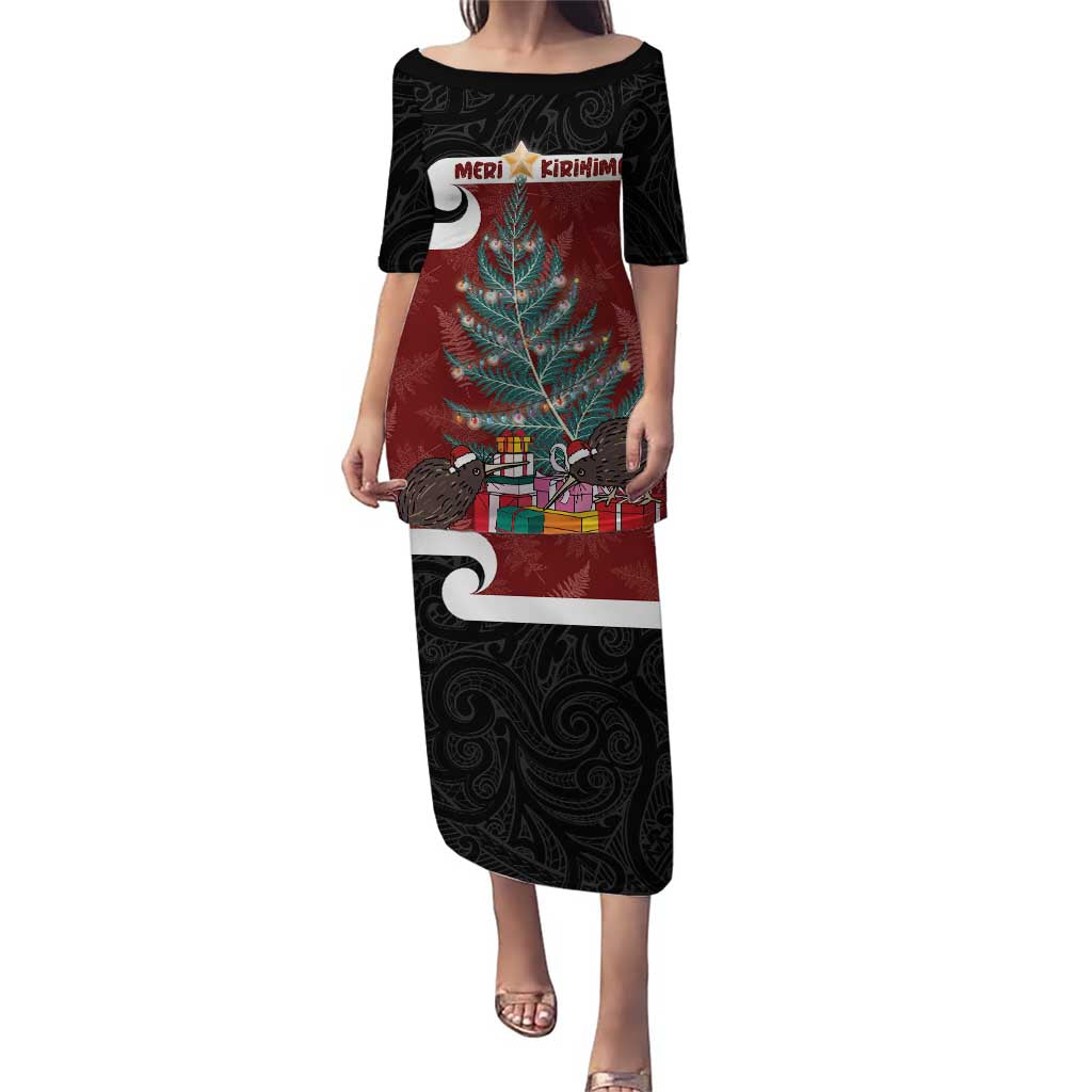 Personalised New Zealand Maori Christmas Puletasi Xmas Fern Mix Kowhawhai LT7 Long Dress Black - Polynesian Pride