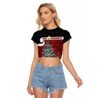 Personalised New Zealand Maori Christmas Raglan Cropped T Shirt Xmas Fern Mix Kowhawhai LT7 Female Black - Polynesian Pride
