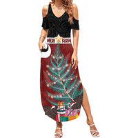 Personalised New Zealand Maori Christmas Summer Maxi Dress Xmas Fern Mix Kowhawhai LT7 Women Black - Polynesian Pride