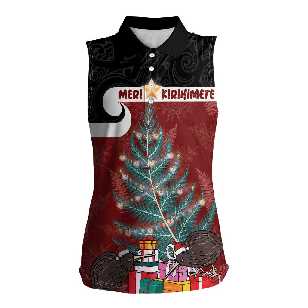 Personalised New Zealand Maori Christmas Women Sleeveless Polo Shirt Xmas Fern Mix Kowhawhai LT7 Female Black - Polynesian Pride