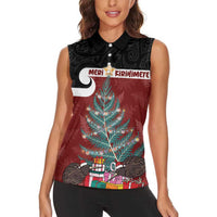 Personalised New Zealand Maori Christmas Women Sleeveless Polo Shirt Xmas Fern Mix Kowhawhai LT7 - Polynesian Pride