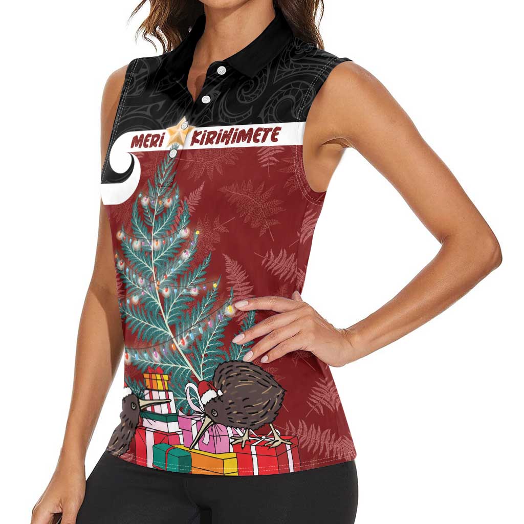 Personalised New Zealand Maori Christmas Women Sleeveless Polo Shirt Xmas Fern Mix Kowhawhai LT7 - Polynesian Pride