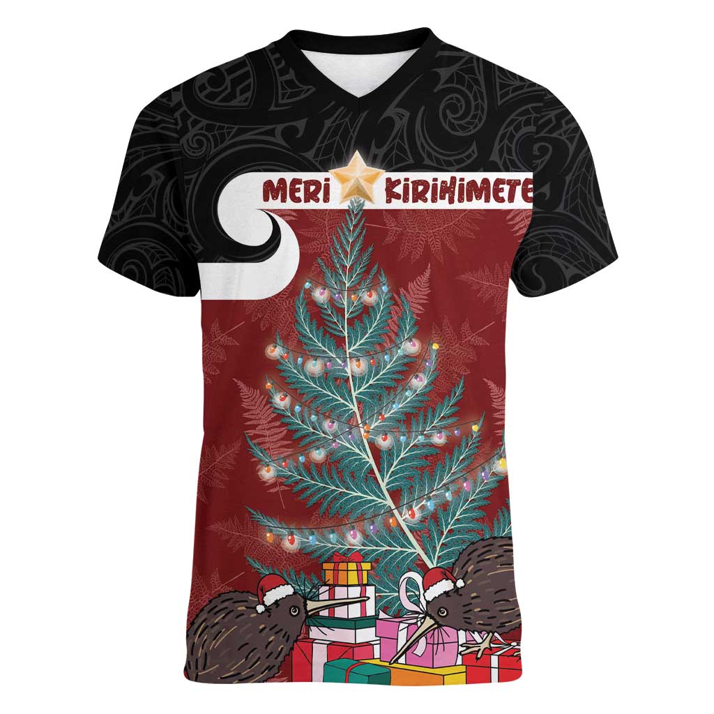 Personalised New Zealand Maori Christmas Women V-Neck T-Shirt Xmas Fern Mix Kowhawhai LT7 Female Black - Polynesian Pride