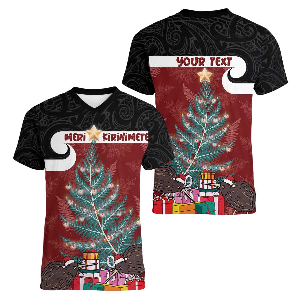 Personalised New Zealand Maori Christmas Women V-Neck T-Shirt Xmas Fern Mix Kowhawhai LT7 - Polynesian Pride