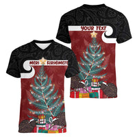 Personalised New Zealand Maori Christmas Women V-Neck T-Shirt Xmas Fern Mix Kowhawhai LT7 - Polynesian Pride