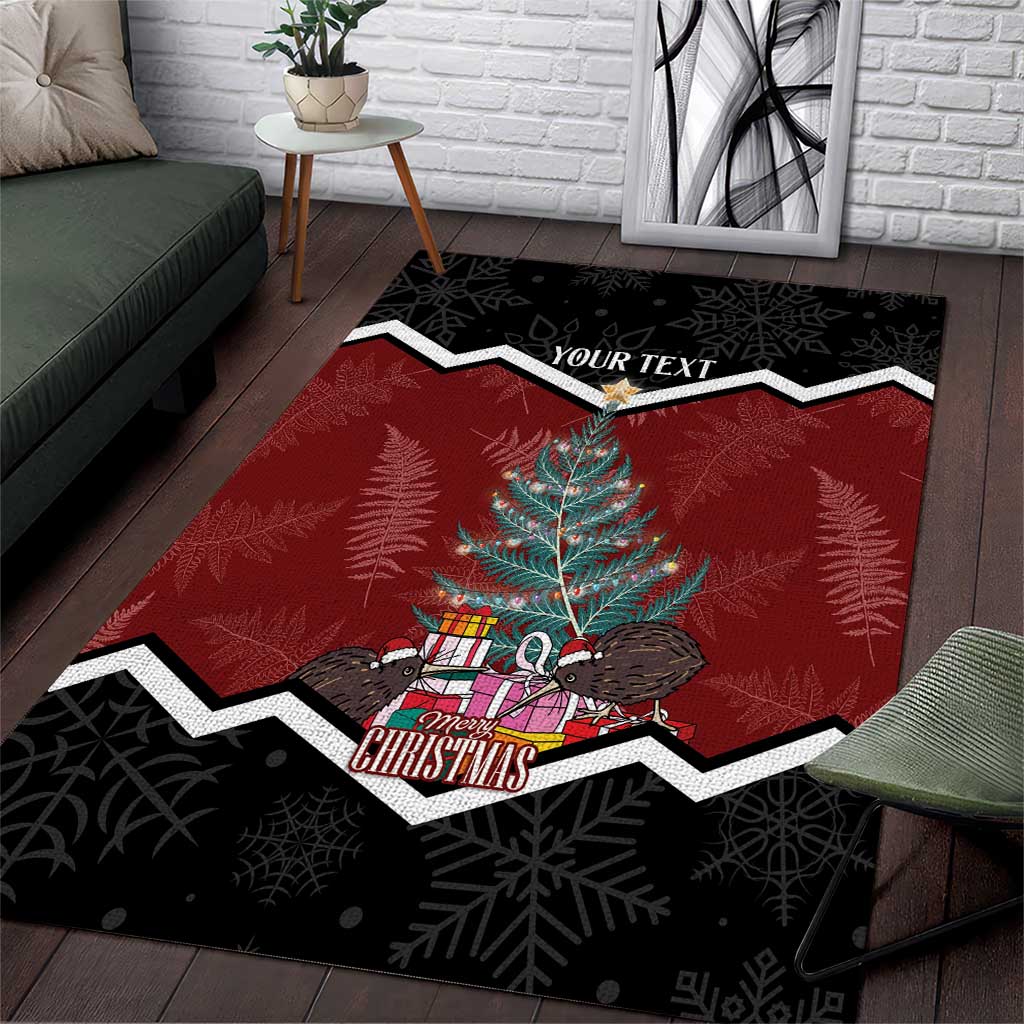 Personalised New Zealand Christmas Area Rug Xmas Fern and Kiwi Birds LT7 Black - Polynesian Pride