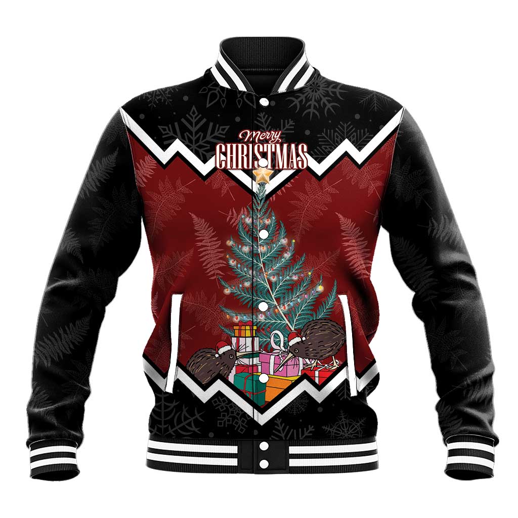 Personalised New Zealand Christmas Baseball Jacket Xmas Fern and Kiwi Birds LT7 Unisex Black - Polynesian Pride