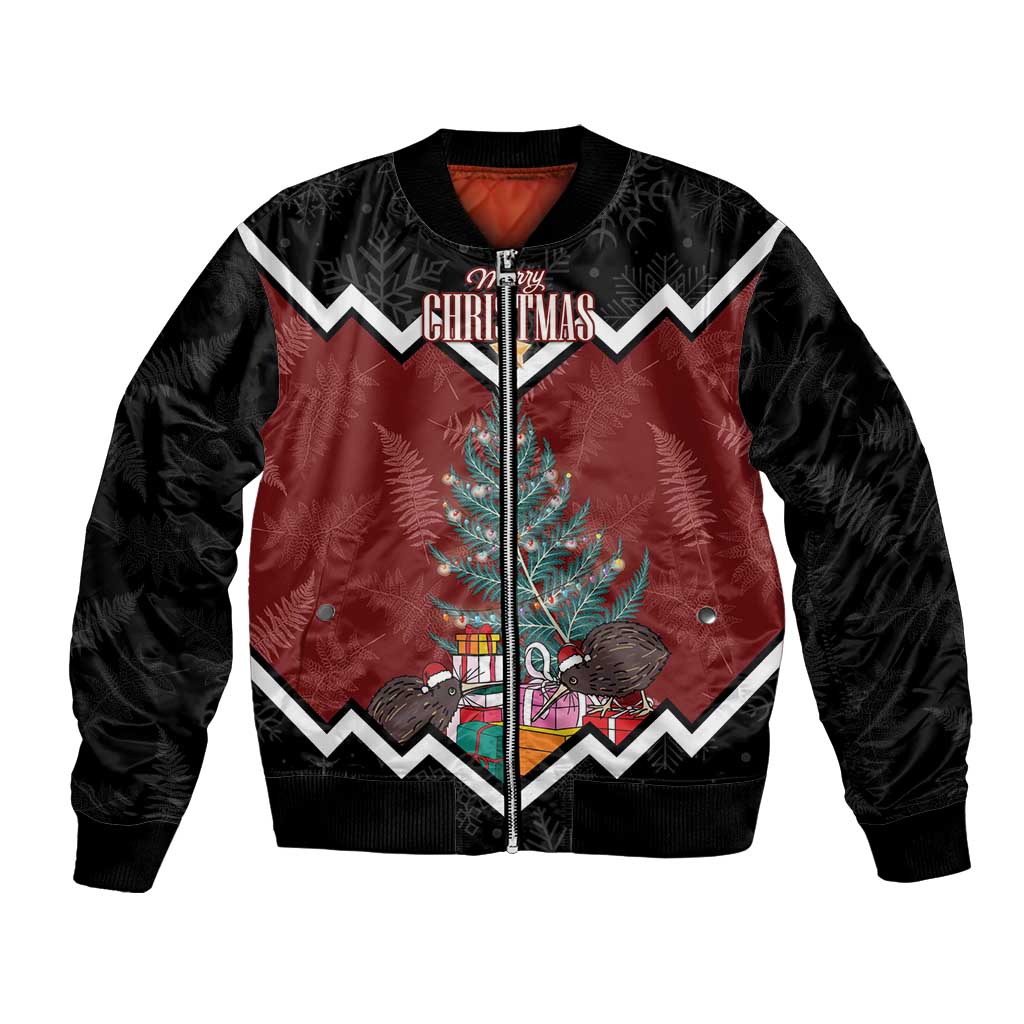 Personalised New Zealand Christmas Bomber Jacket Xmas Fern and Kiwi Birds LT7 Unisex Black - Polynesian Pride
