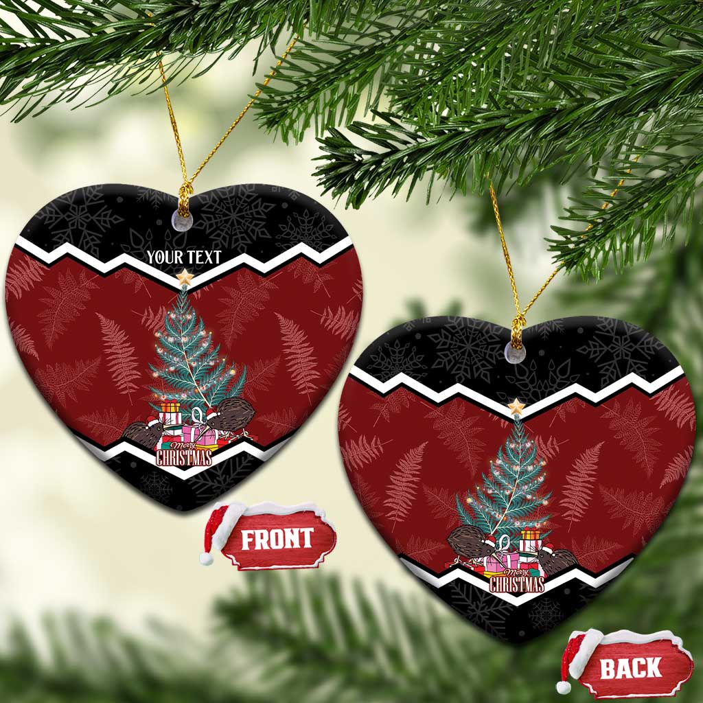 Personalised New Zealand Christmas Ceramic Ornament Xmas Fern and Kiwi Birds LT7 Heart Black - Polynesian Pride